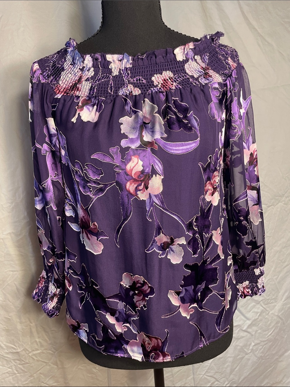 White House Black Market Purple Floral Off-Shoulder Smocked Blouse